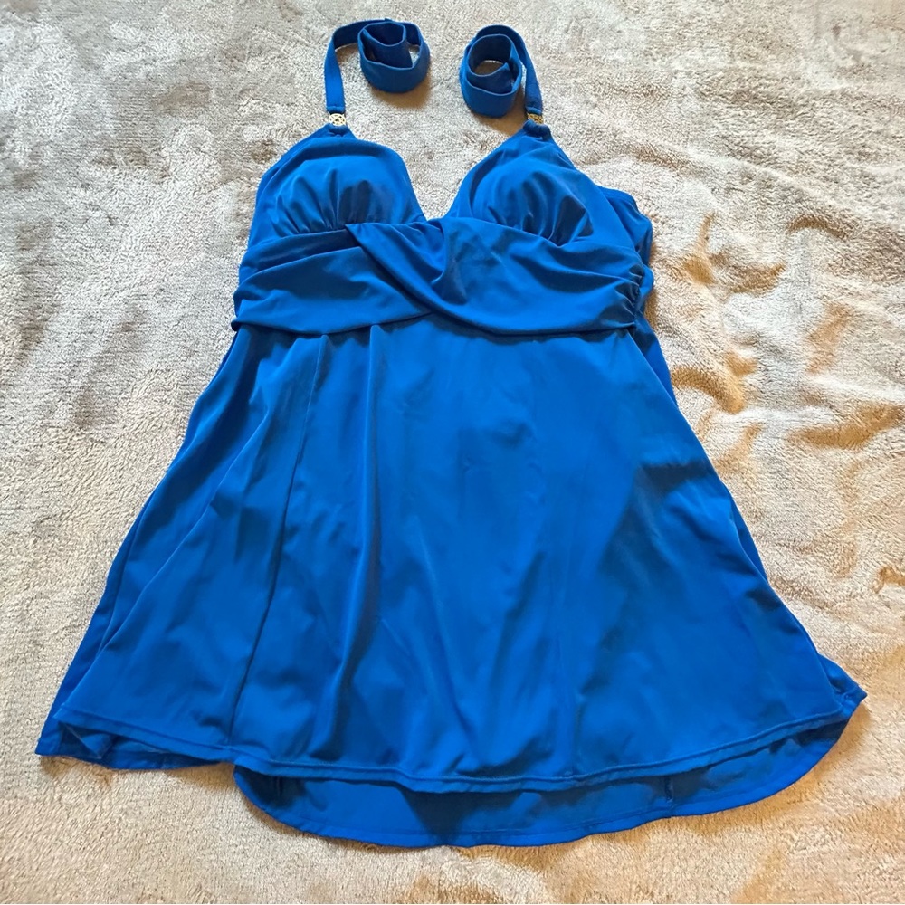 Jaclyn Smith blue one-piece skirt ties swimsuit Size 14